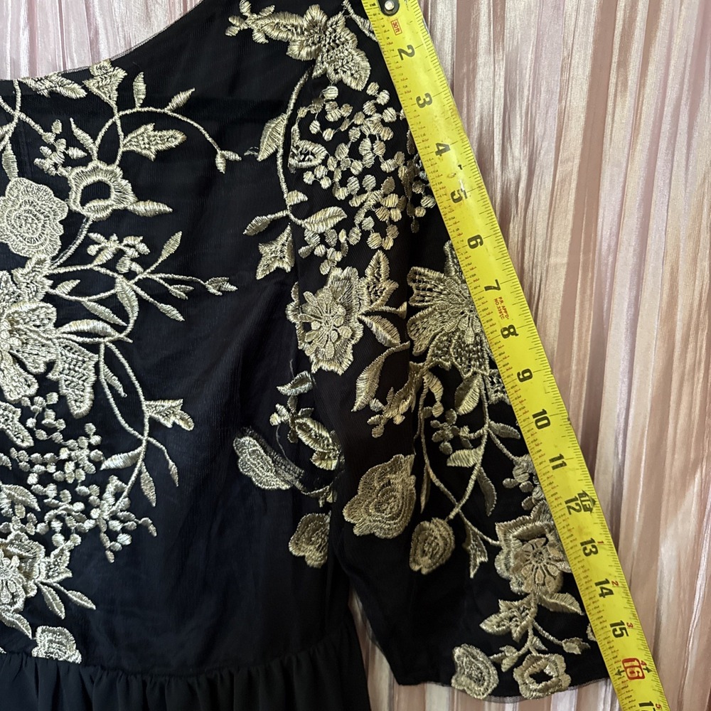 Black & Gold Embroidered Chiffon– 3/4 Sleeve Formal Evening Cocktail Dress Sz XL - Picture 6 of 8